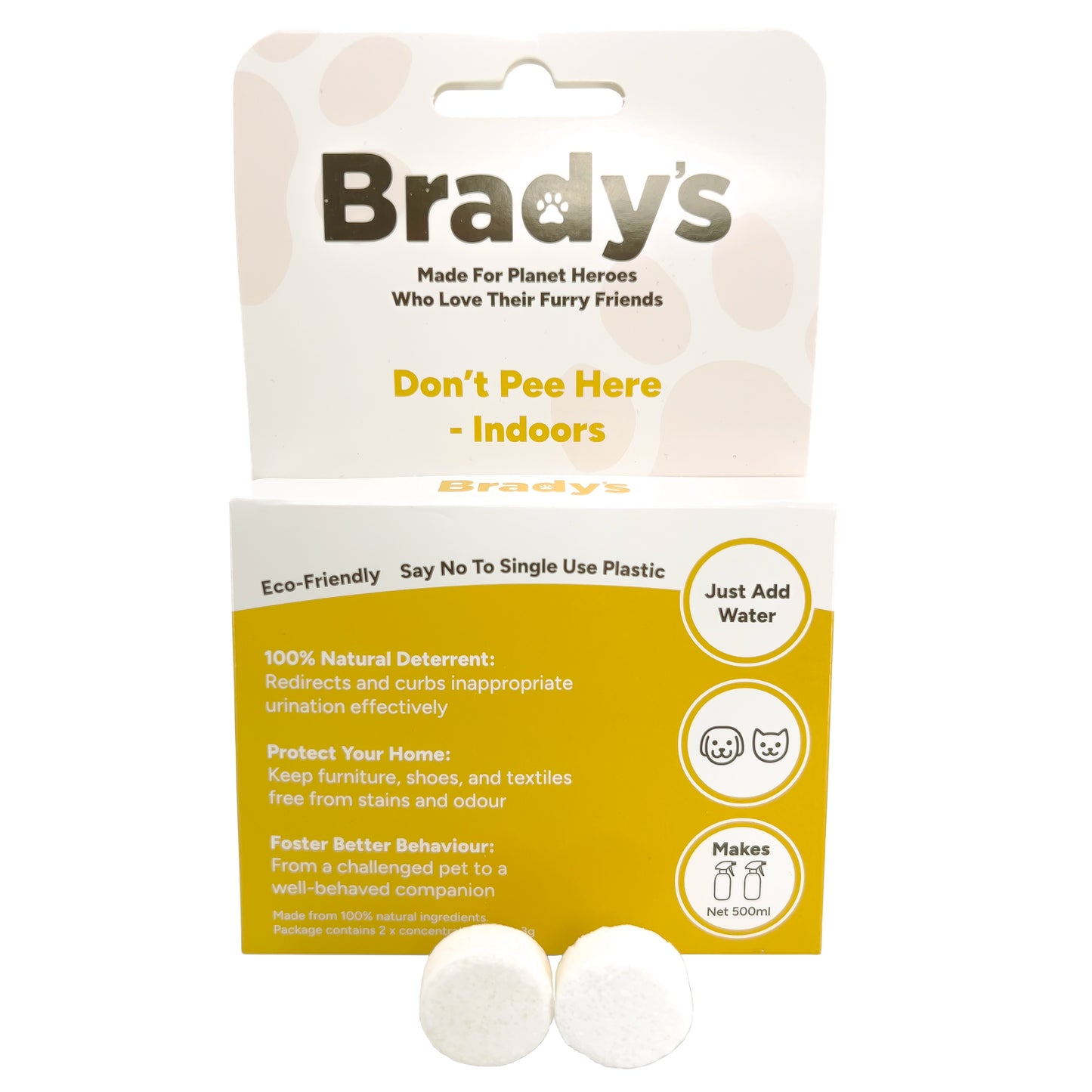 Picture of Bradys Dont Pee Here Indoors eco-friendly concentrate tablets and box.