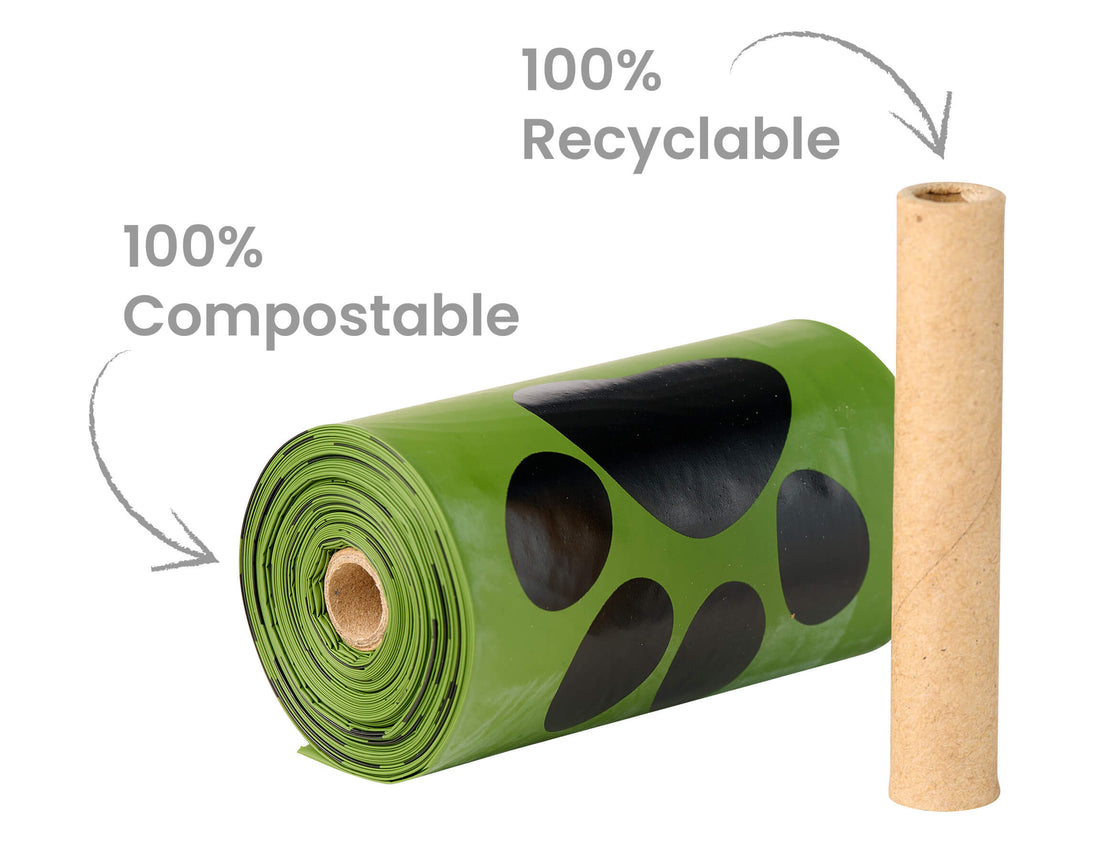 An image showing one Oh Crap compostable dog poop bag roll with the text 100% compostable next to it, & the core of the roll next to it with the text 100% recyclable next to it