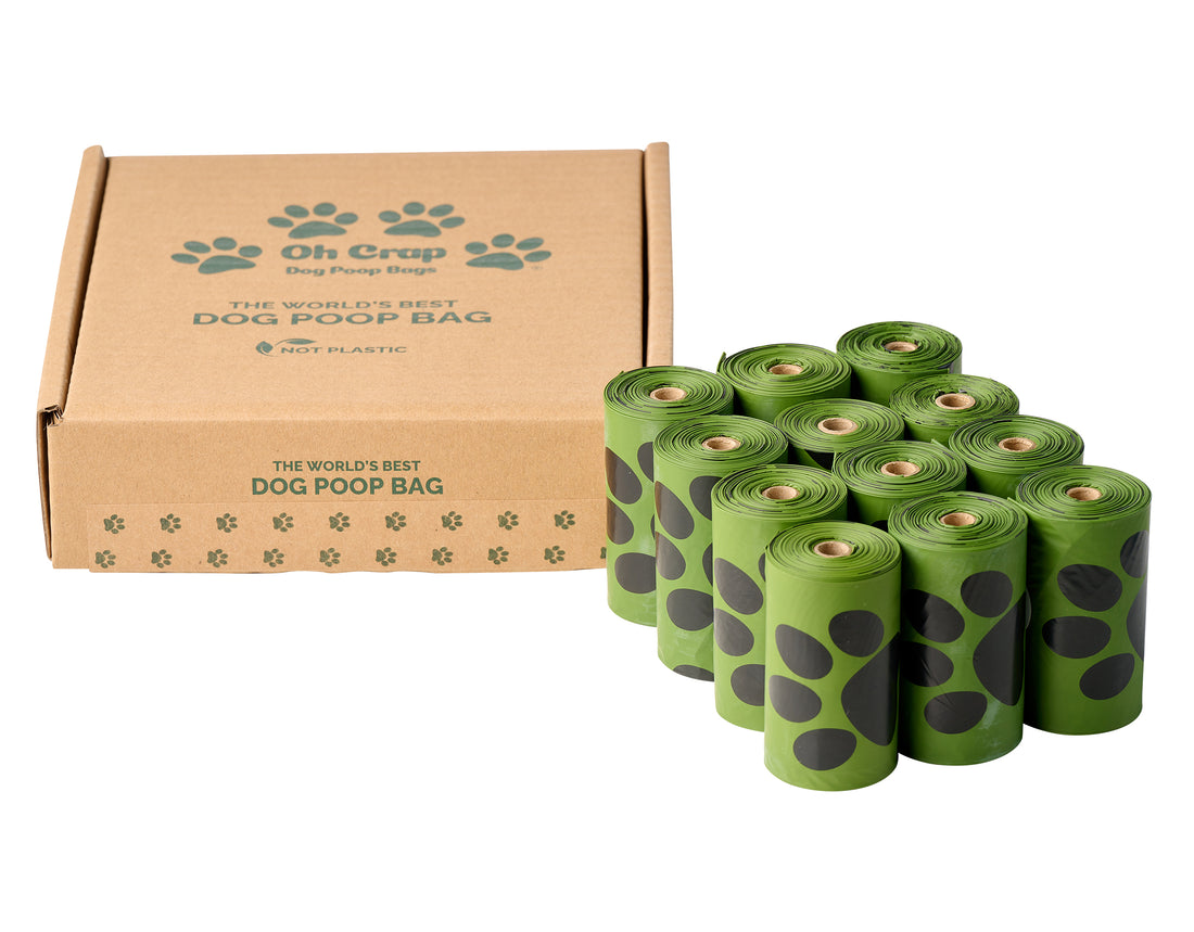 An image of Oh Crap Non Plastic Compostable Biodegradable Dog Poop Bags 6 Month Pack box with all 180 bags standing outside of it