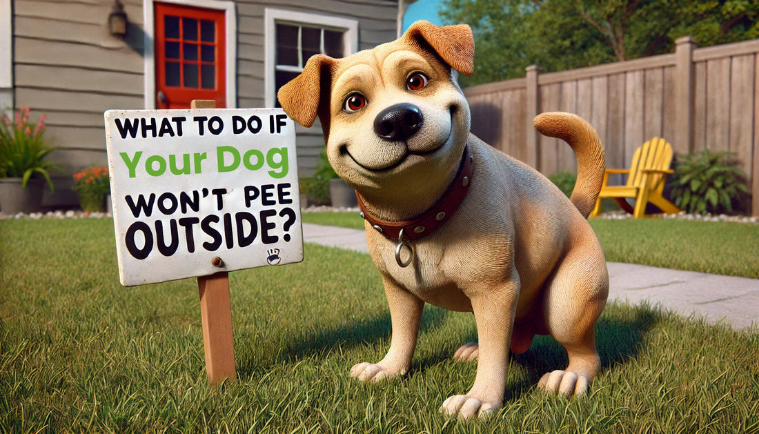 Image of a dog outside next to a sign that says: What to do if your dog wont pee outside
