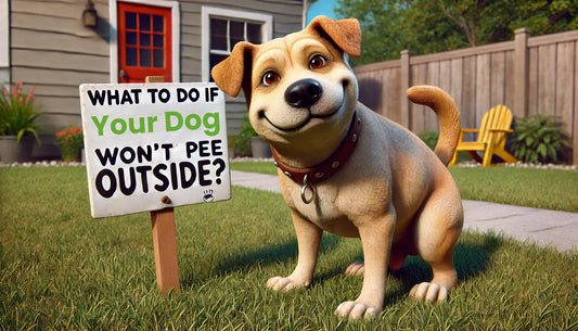 Image of a dog outside next to a sign that says: What to do if your dog wont pee outside