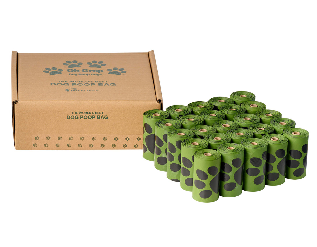 The front of the Oh Crap Non Plastic Compostable Biodegradable Dog Poop Bags 12 Month Pack box with 25 rolls in front of it illustrating there are 375 bags in the pack