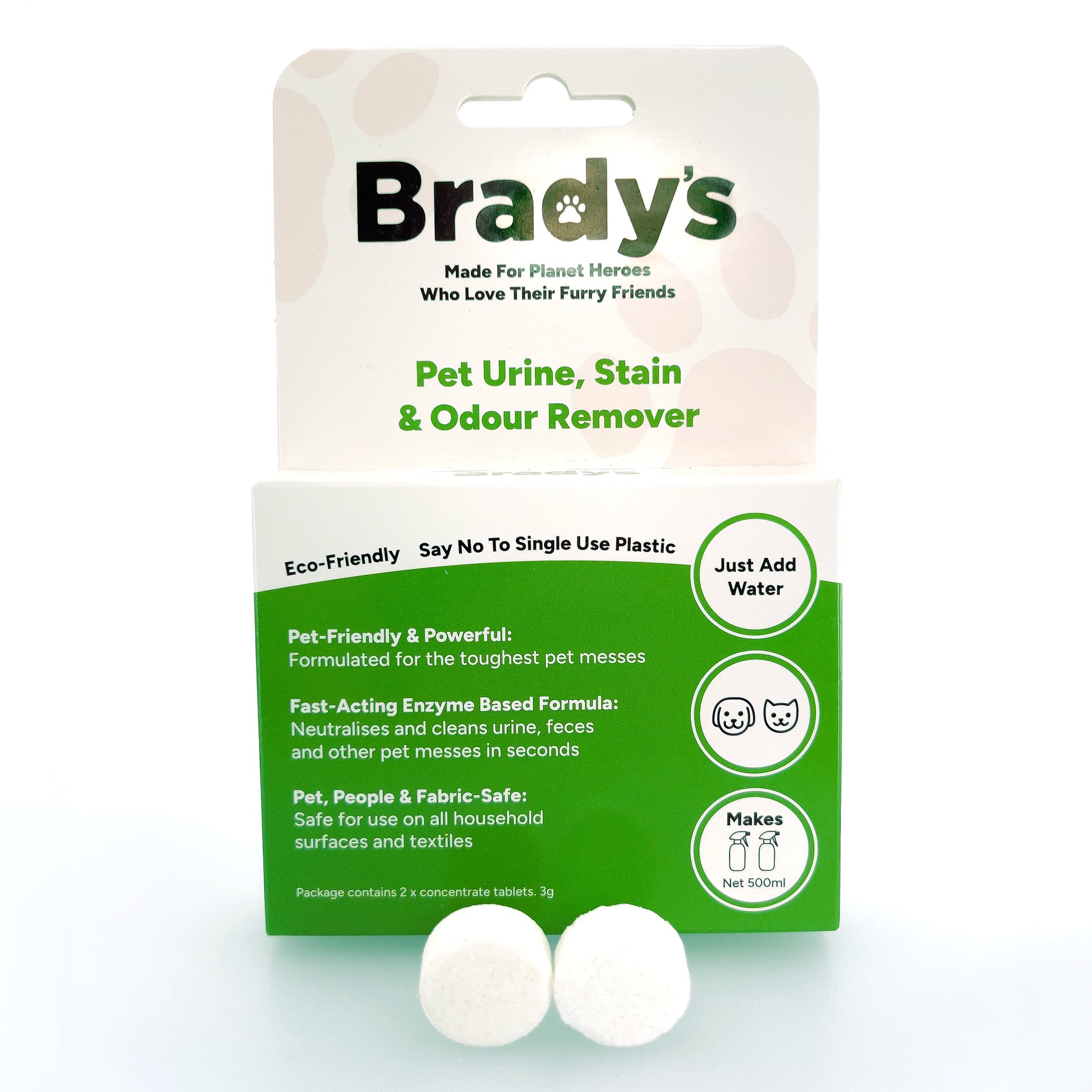 Brady's Pet Urine, Stain & Odour Remover box plus concentrate tablets in front of it