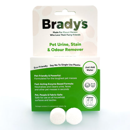 Brady's Pet Urine, Stain & Odour Remover box plus concentrate tablets in front of it