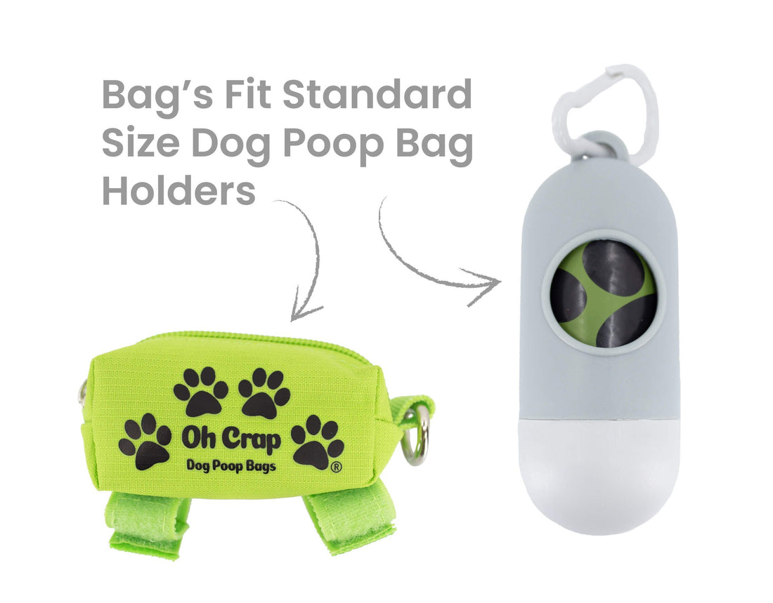Image with a Oh Crap dog poop bags holder and the common bone design poop bag holder, to show Oh Crap dog poop bag rolls fit standard holders