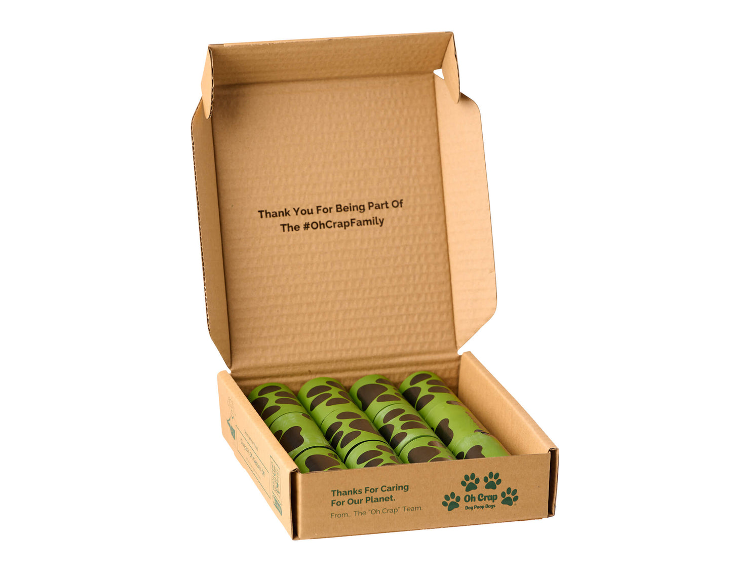 Oh Crap Non Plastic Compostable Biodegradable Dog Poop Bags 6 Month Pack With The Top of the box Open So You Can See The Rolls Inside